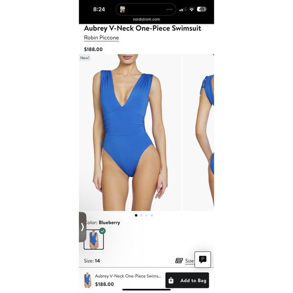 ROBIN PICCONE Aubrey One-Piece Swimsuit Size 6 Cyan Blue Plunging V-Worn once - Picture 7 of 16